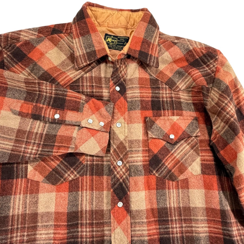 Kmart Western Plaid Pearl Snap Shirt Mens Large Orange Brown Wool Blend Cowboy
